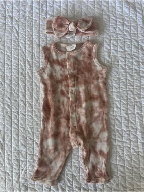Spearmint Love Sleeveless Tie-Dye Waffle Baby Romper with Headband Bow 3-6 Month